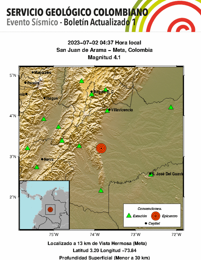 Fuerte sismo de magnitud superior a 4 sacude al departamento del Meta este domingo Fuerte sismo de magnitud superior a 4 sacude al departamento del Meta este domingo