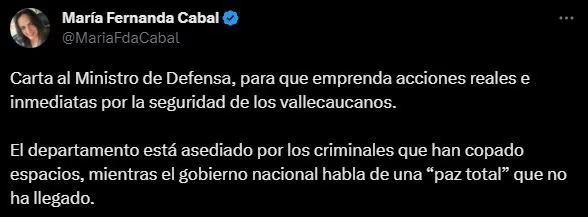 María-Fernanda-Cabal-insta-al-ministro-de-Defensa-a-tomar-más-acciones-para-garantizar-la-seguridad- María Fernanda Cabal insta al ministro de Defensa a tomar más acciones para garantizar la seguridad en el Valle del Cauca