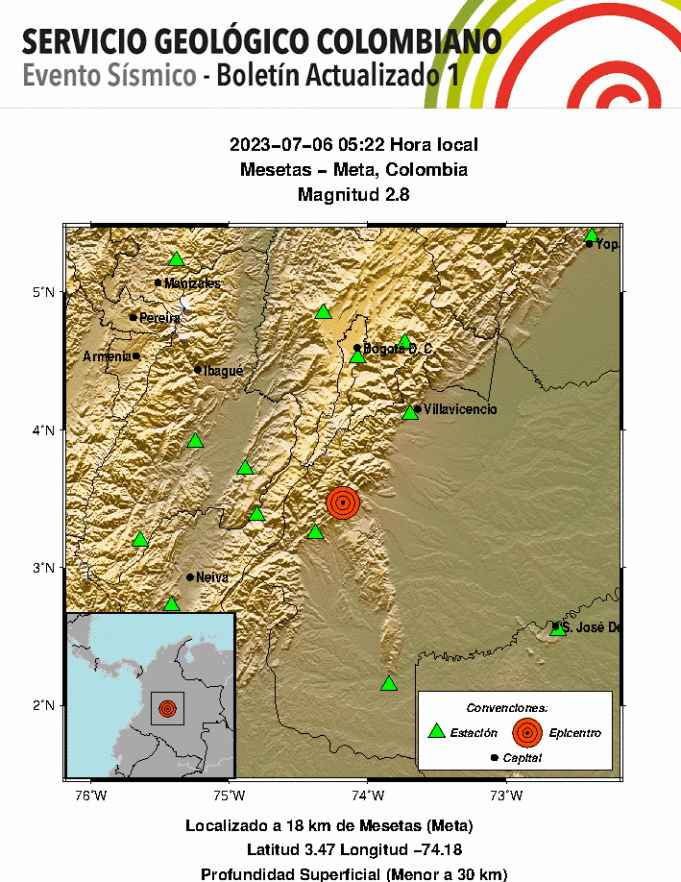 Se reporta nuevo sismo hoy en Meta, Colombia Se reporta nuevo sismo hoy en Meta, Colombia